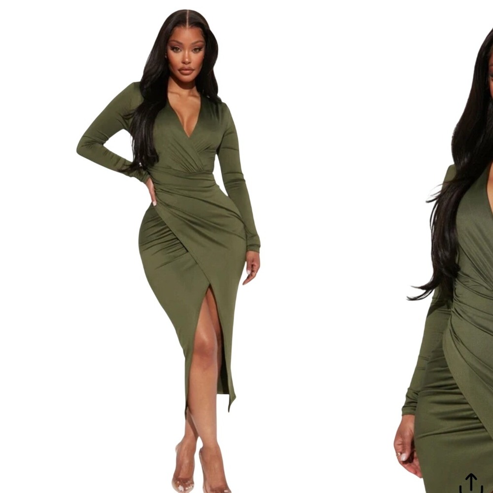 Fashion Nova Eyes On Me Ruched Midi Dress Olive Green Long Sleeve V-Neck Sz M